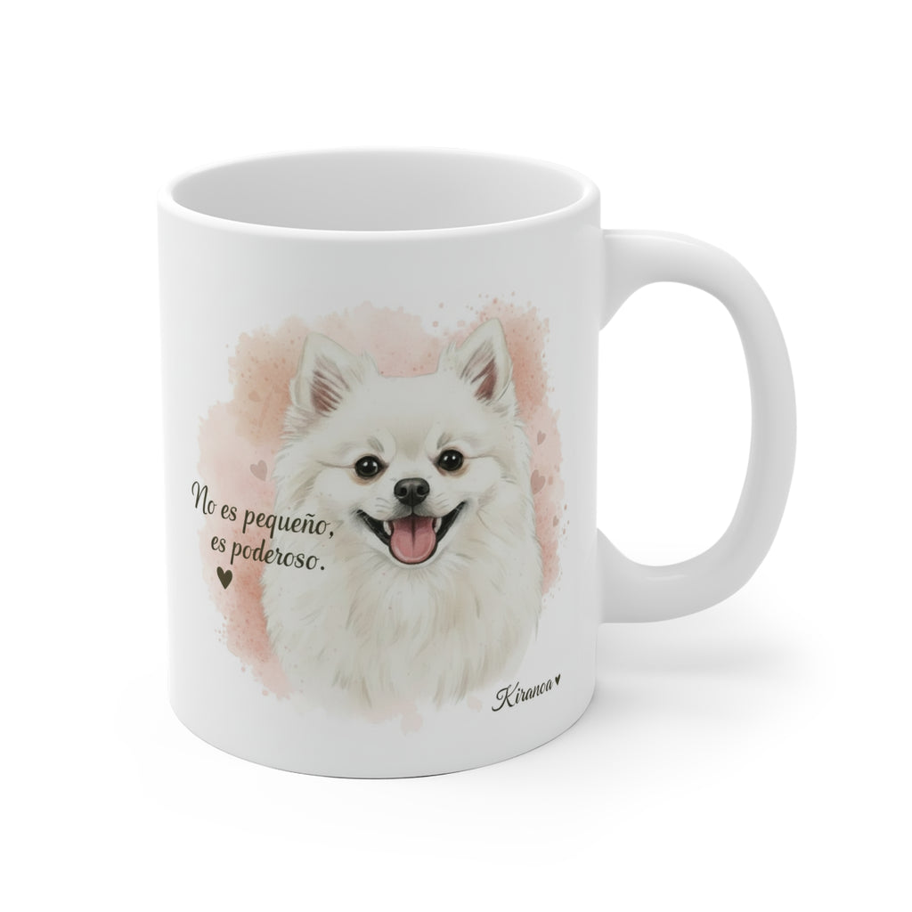 Taza cerámica Pomerania con frase No es pequeño, es poderoso. – vista frontal