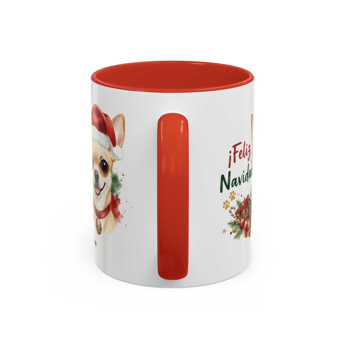 Taza Navideña Chihuahua de 325 ml con interior y asa en rojo navideño vista lateral Kiranoa 