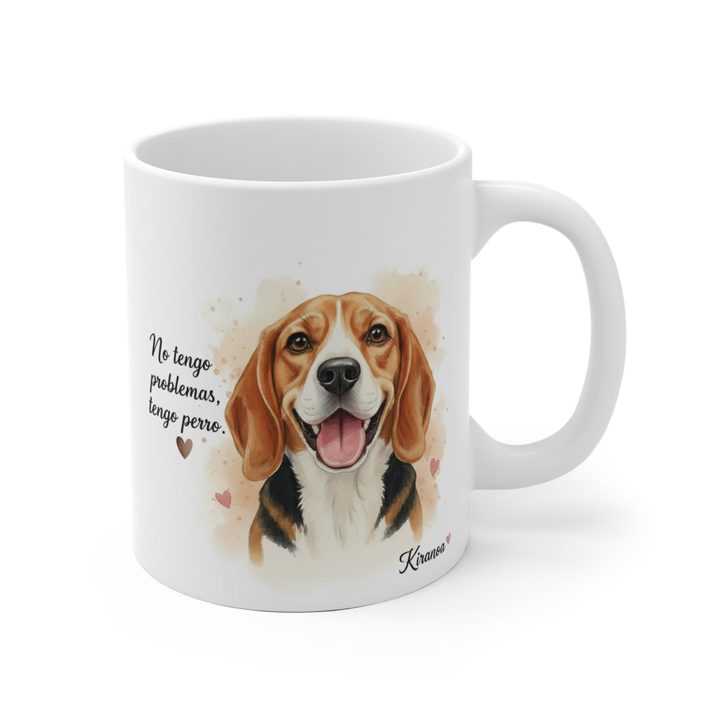 Taza Beagle con la frase No tengo problemas, tengo perro — ilustración acuarela — Kiranoa