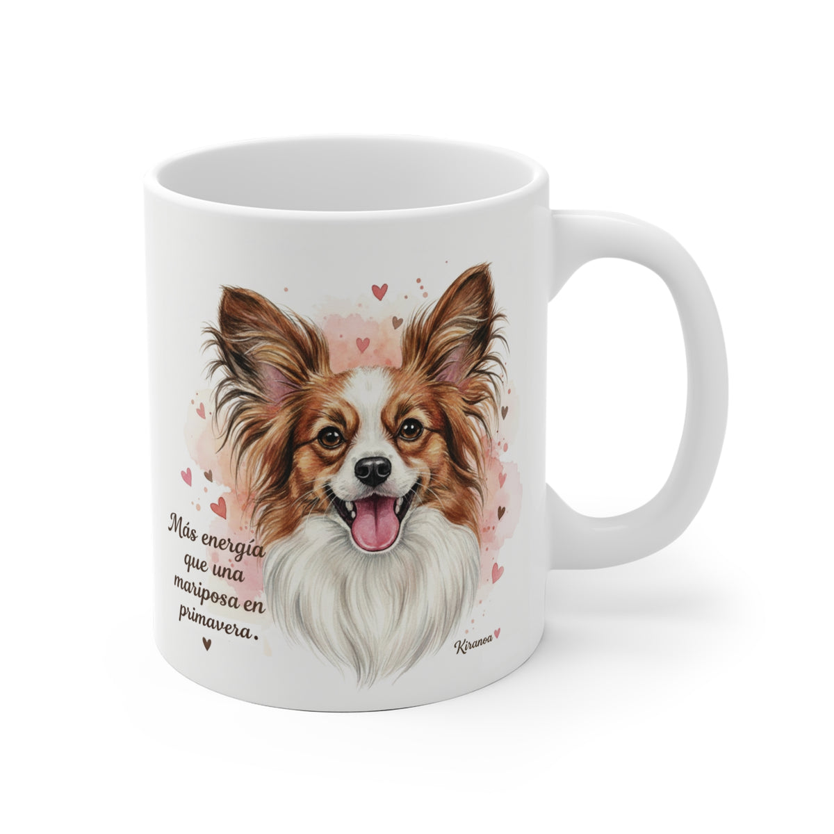 Taza cerámica Papillón Spaniel con frase "Más energía que una mariposa en Primavera" – vista frontal