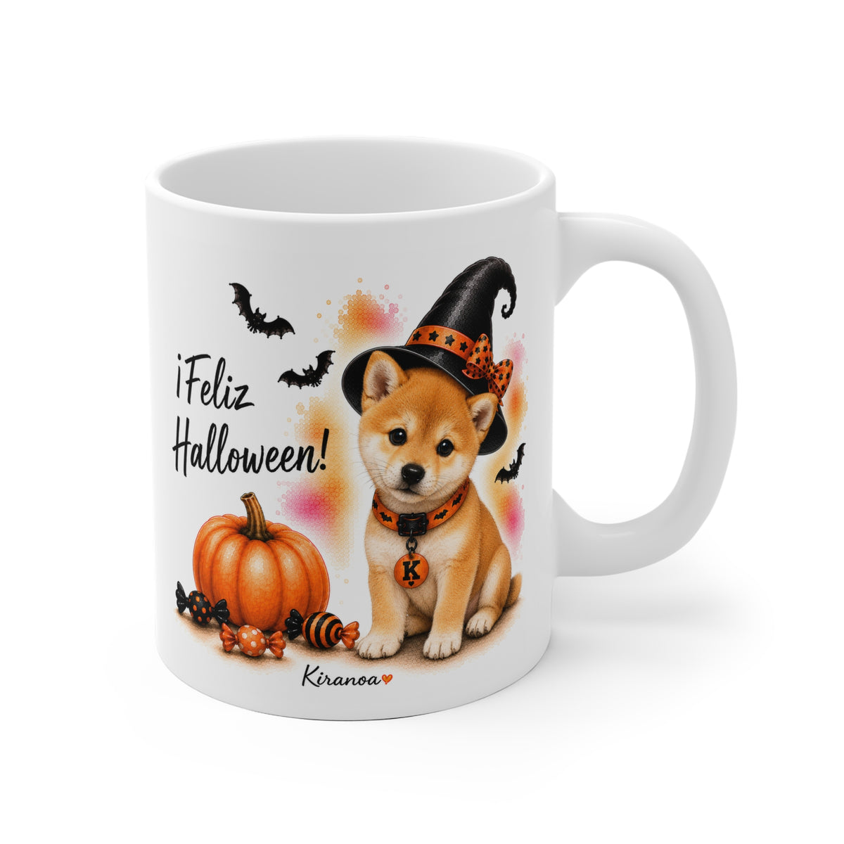 Taza cerámica Shiba Inu Halloween con ilustración terrorífica vista frontal Kiranoa