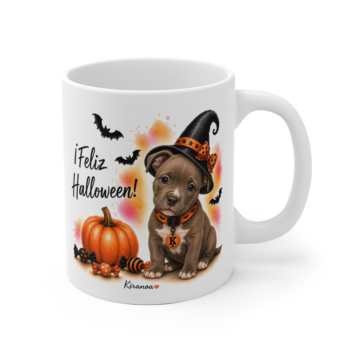 Taza cerámica Pit Bull Terrier Halloween con ilustración terrorífica vista frontal Kiranoa