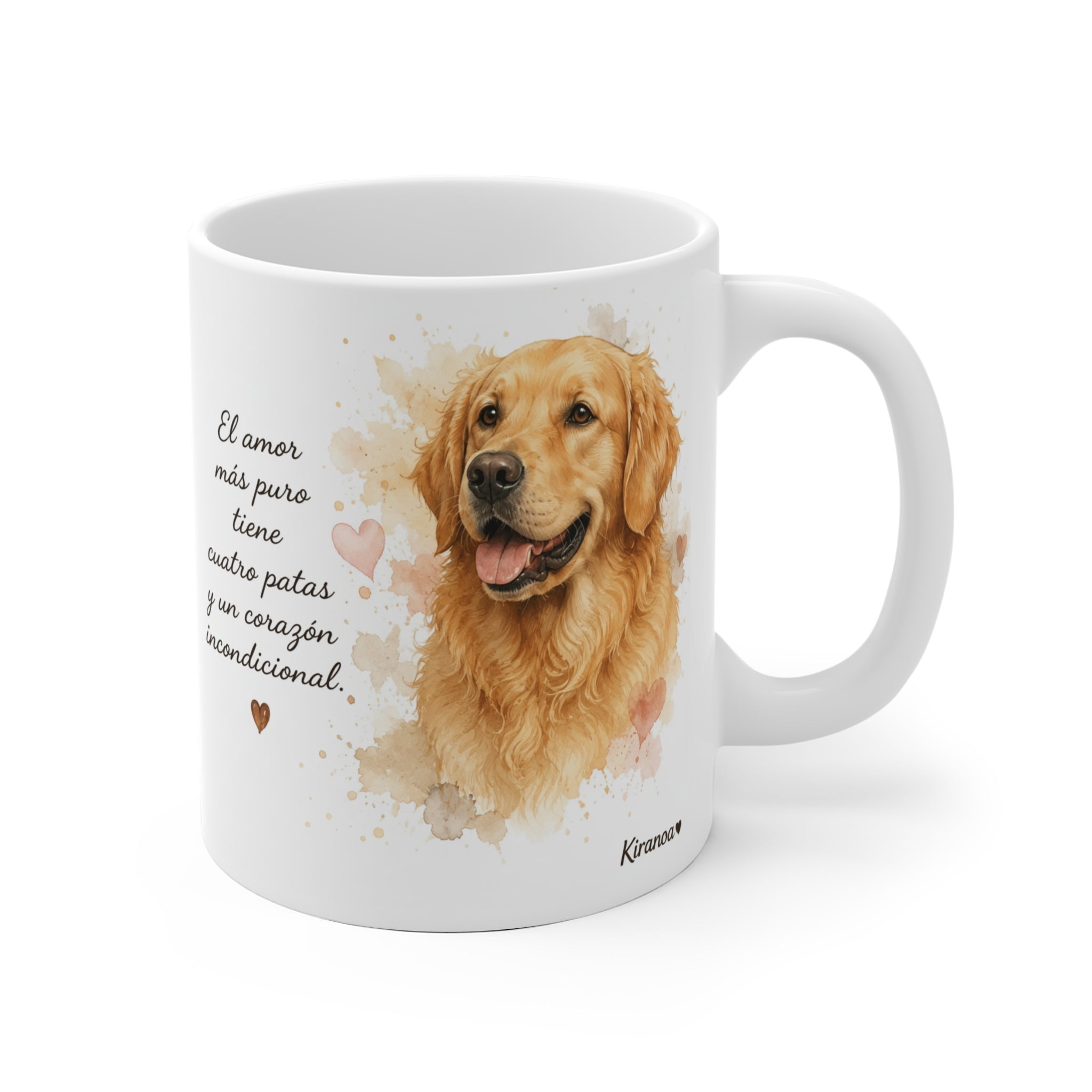 Taza Golden Retriever con la frase El amor más puro tiene cuatro patas — ilustración acuarela — Kiranoa