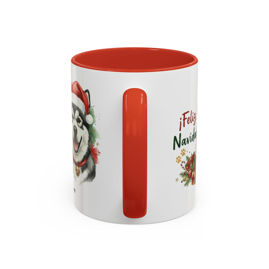 Taza Navideña Alaskan Malamute de 325 ml con interior y asa en rojo navideño vista lateral Kiranoa