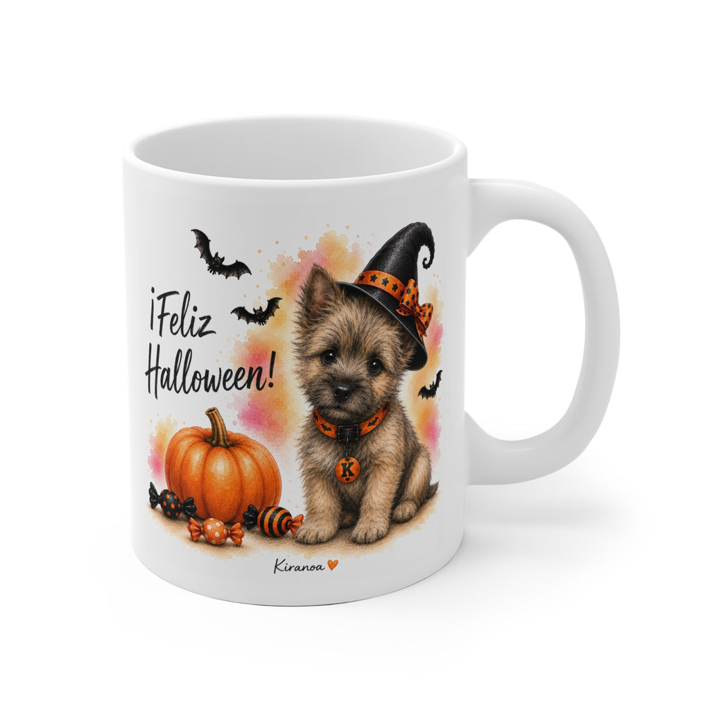 Taza cerámica Cairn Terrier Halloween con ilustración terrorífica vista frontal Kiranoa