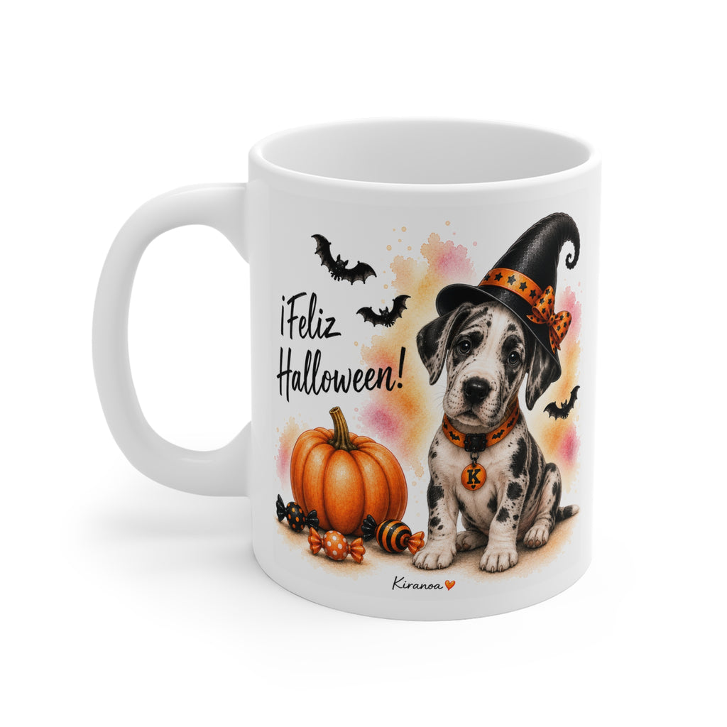 Taza cerámica Gran Danés Halloween con diseño impreso en ambas caras vista trasera Kiranoa
