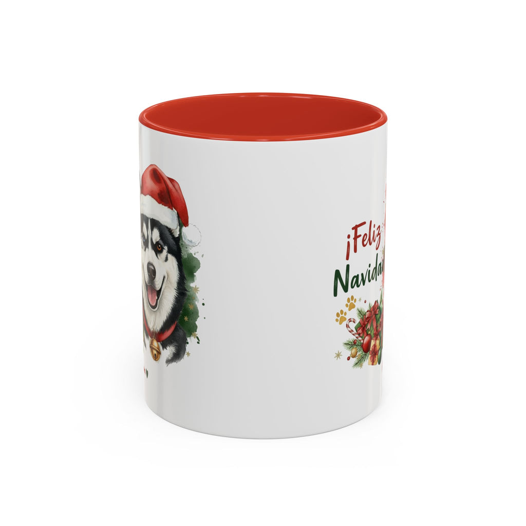 Taza Navideña Husky Siberiano Bicolor con diseño navideño impreso vista lateral Kiranoa