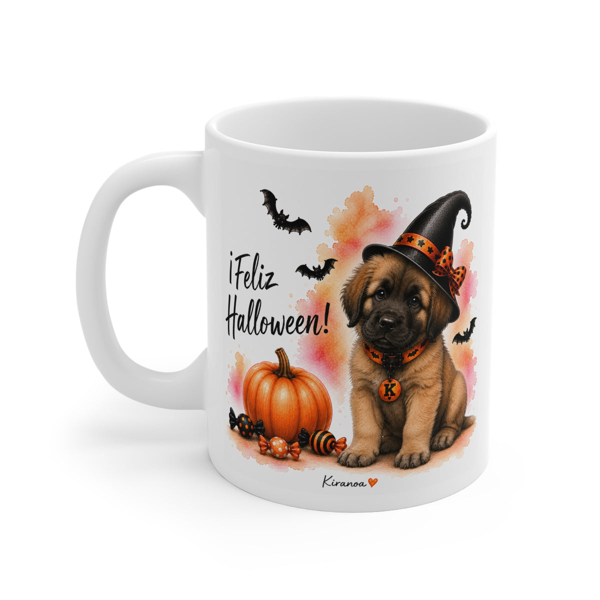 Taza cerámica Leonberger Halloween con diseño impreso en ambas caras vista trasera Kiranoa