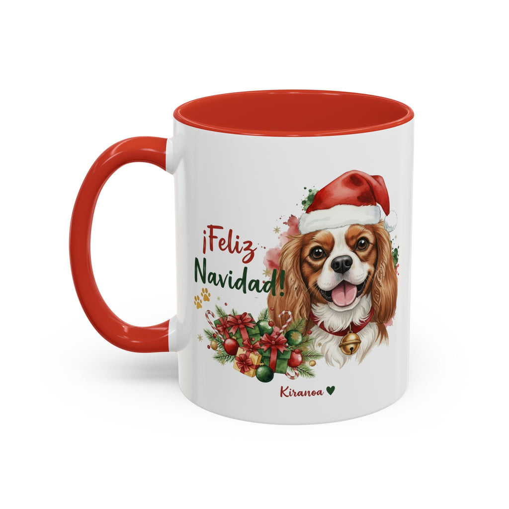 Taza Navideña Cavalier King Charles con interior y asa roja vista trasera Kiranoa