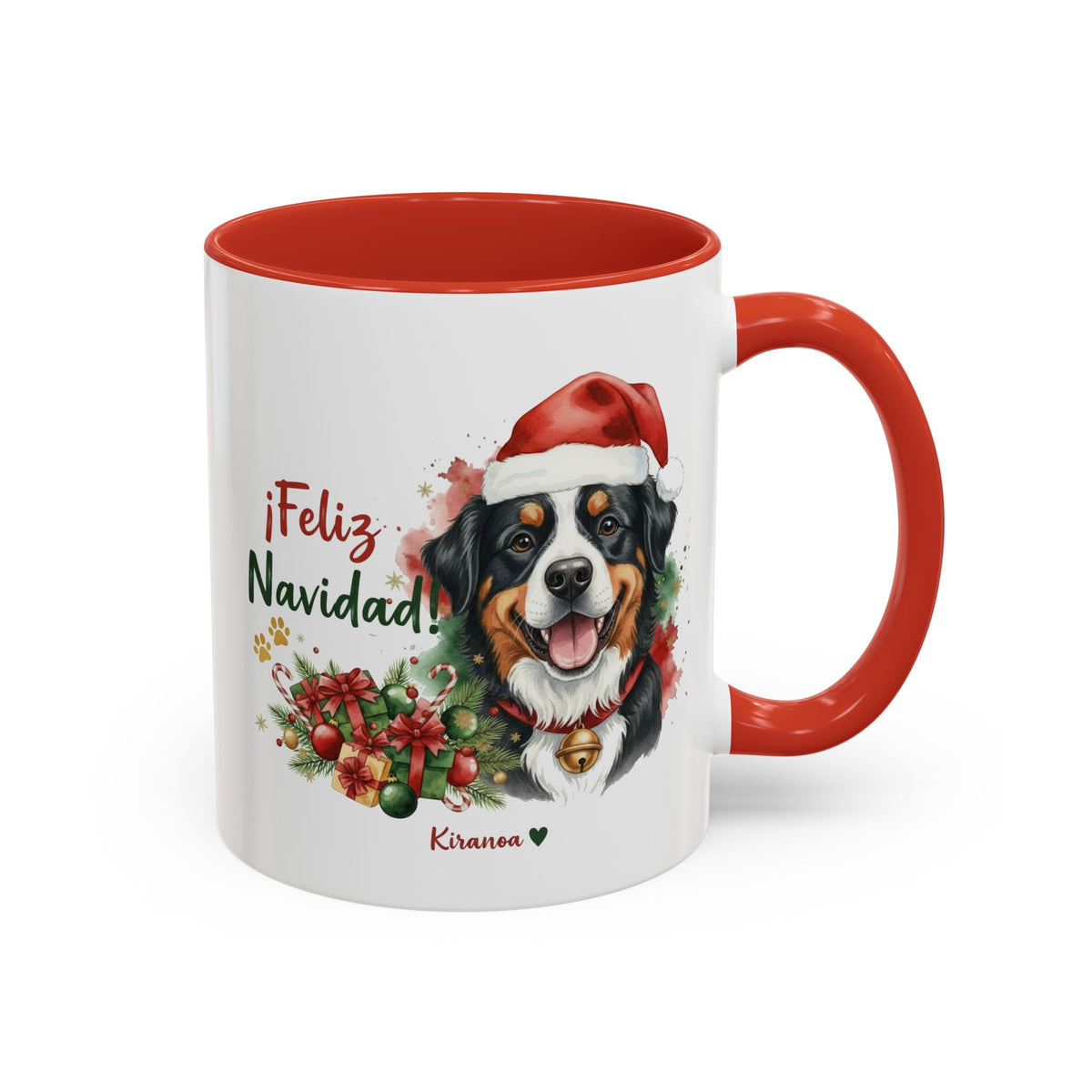Taza Navideña Boyero de Berna con frase ¡Feliz Navidad! vista frontal Kiranoa