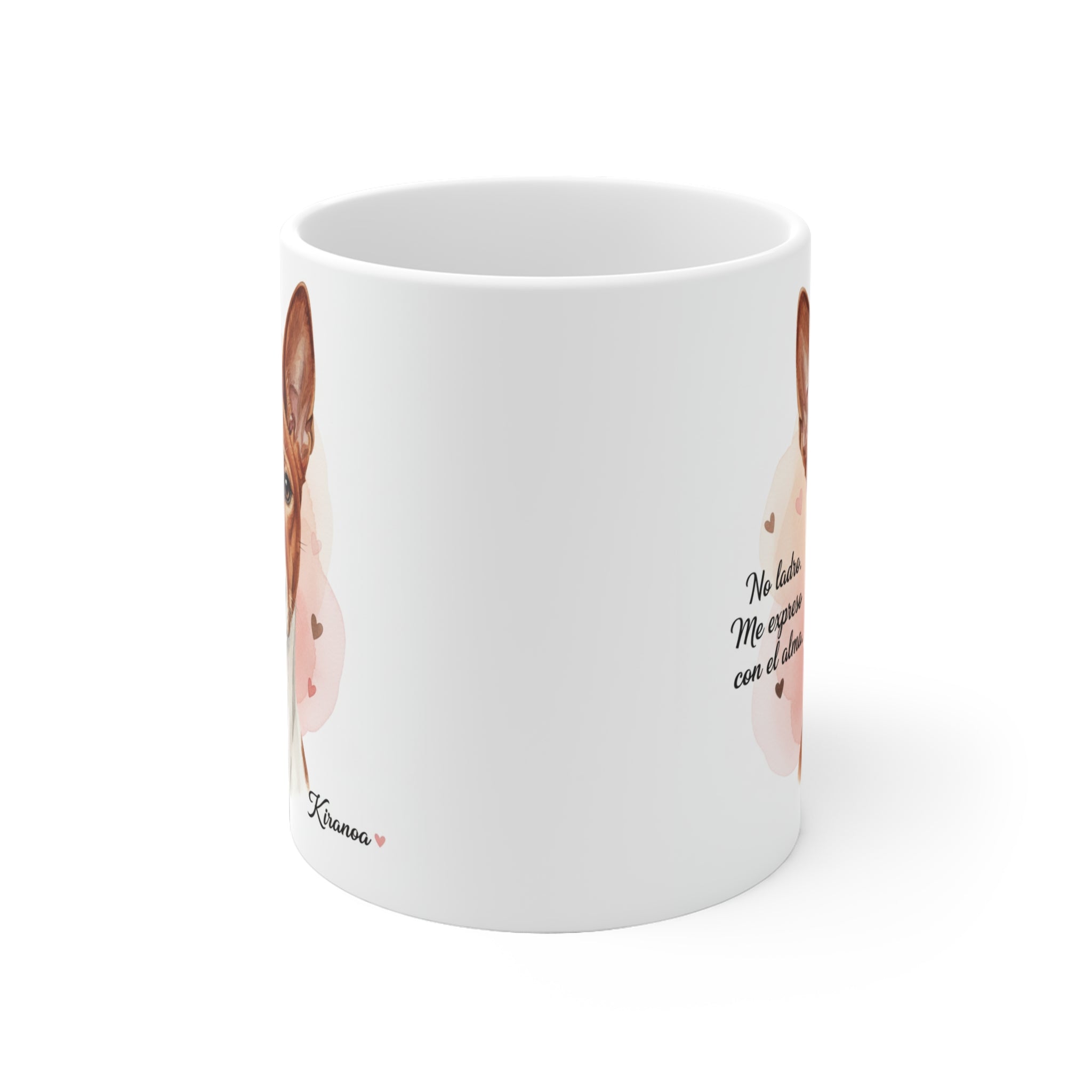 Taza Basenji con diseño por ambas caras de la frase "No ladro, me expreso con el alma" vista lateral