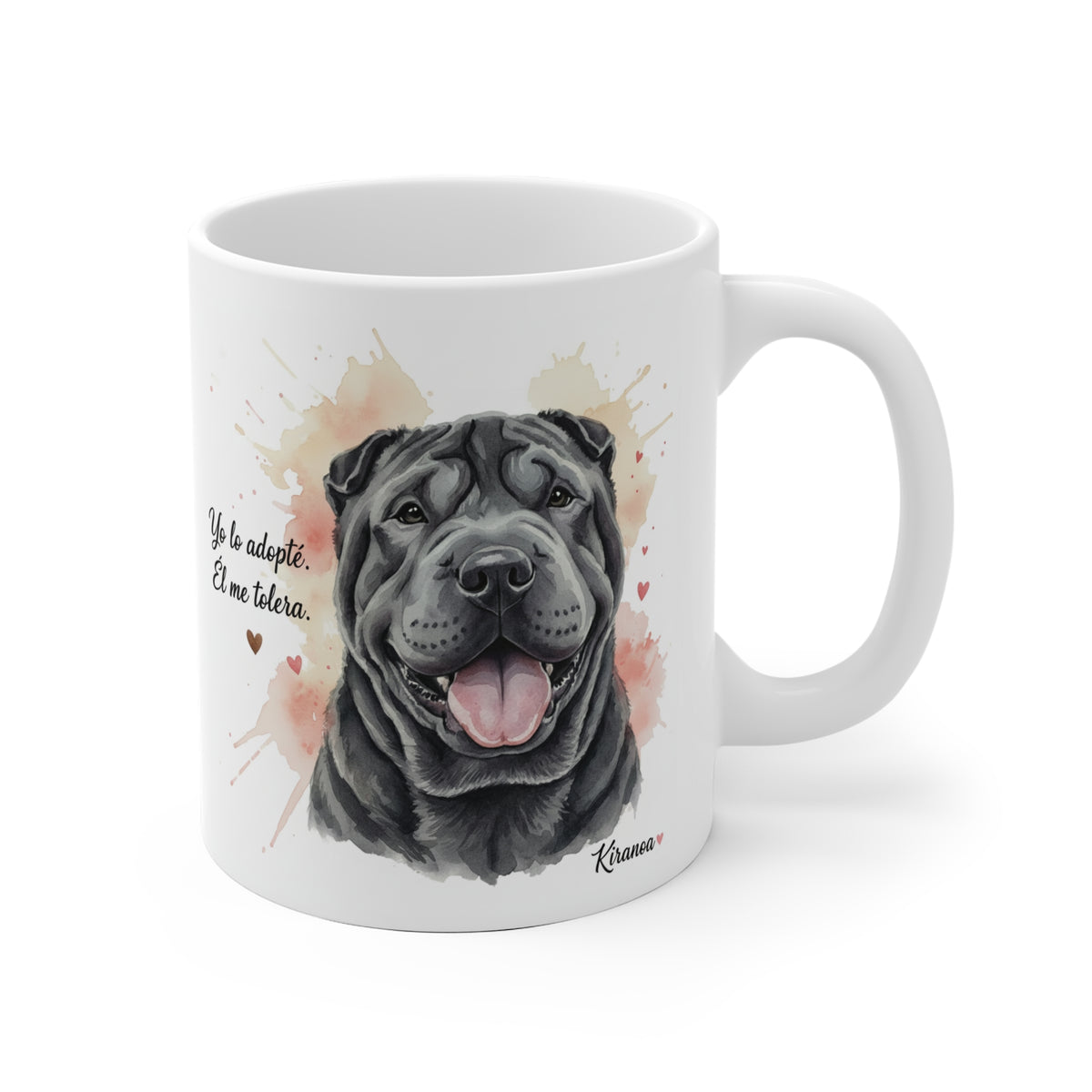 Taza cerámica Shar Pei Negro con frase Yo lo adopté él me tolera – vista frontal
