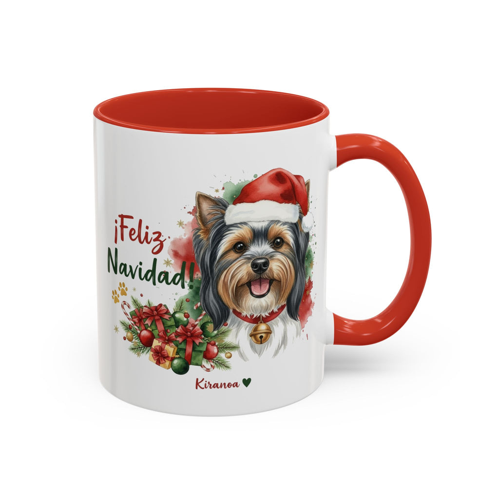 Taza Navideña Biewer Terrier con frase ¡Feliz Navidad! vista frontal Kiranoa