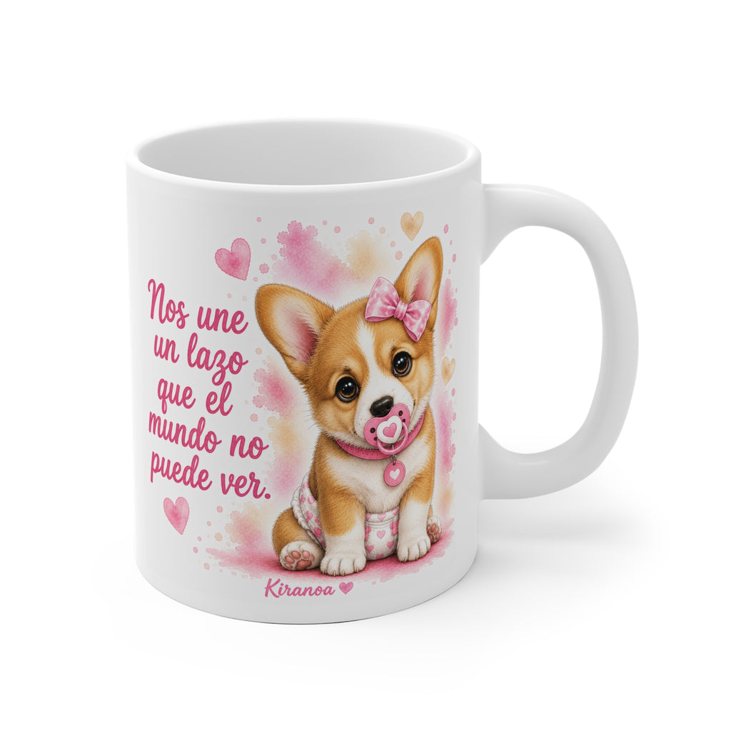 Taza cerámica Corgi Pink con frase Nos une un lazo que el mundo no puede ver – vista frontal