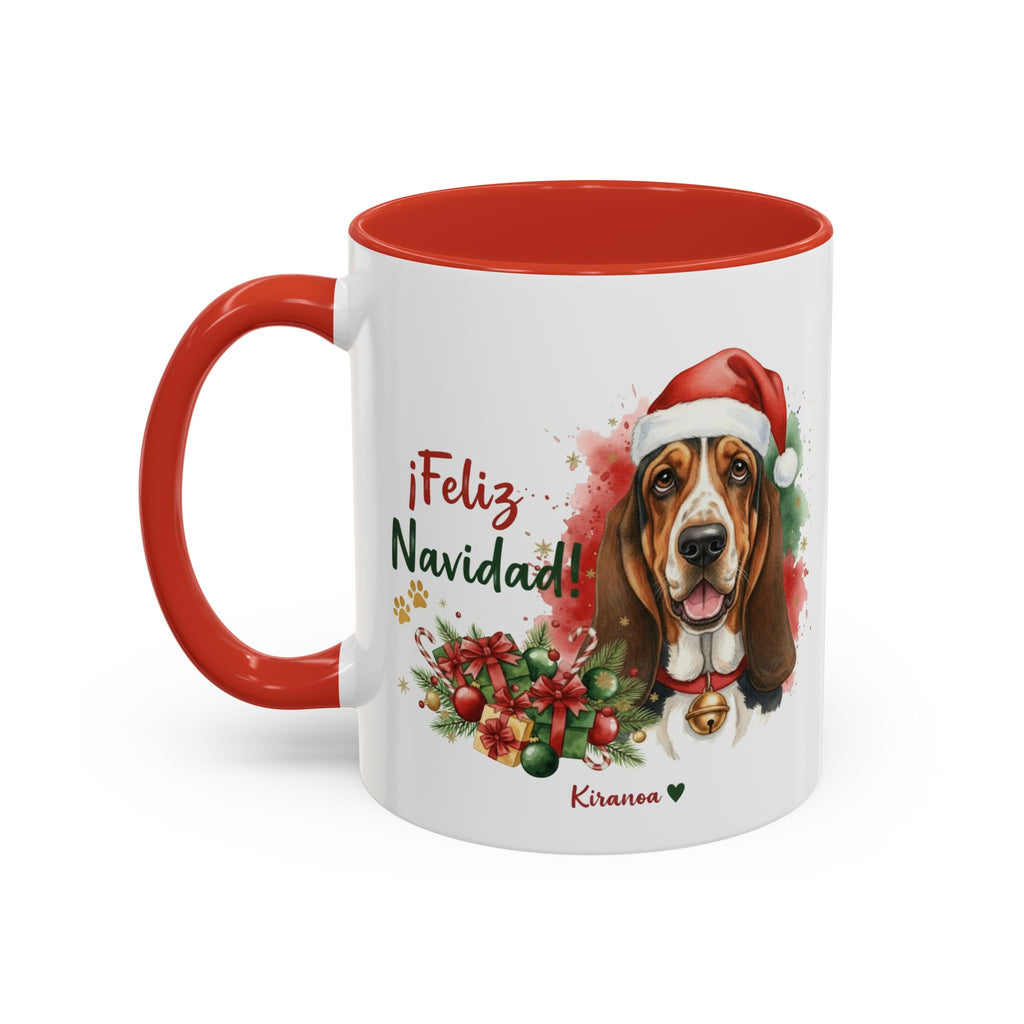Taza Navideña Basset Hound con interior y asa roja vista trasera Kiranoa
