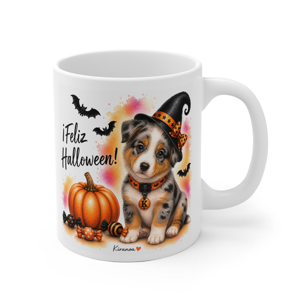 Taza cerámica Pastor Australiano Halloween con ilustración terrorífica vista frontal Kiranoa