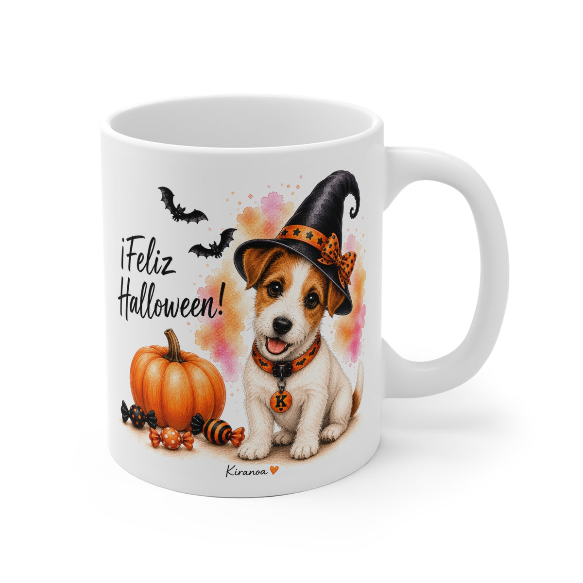 Taza cerámica Jack Russell Terrier Halloween con ilustración terrorífica vista frontal Kiranoa