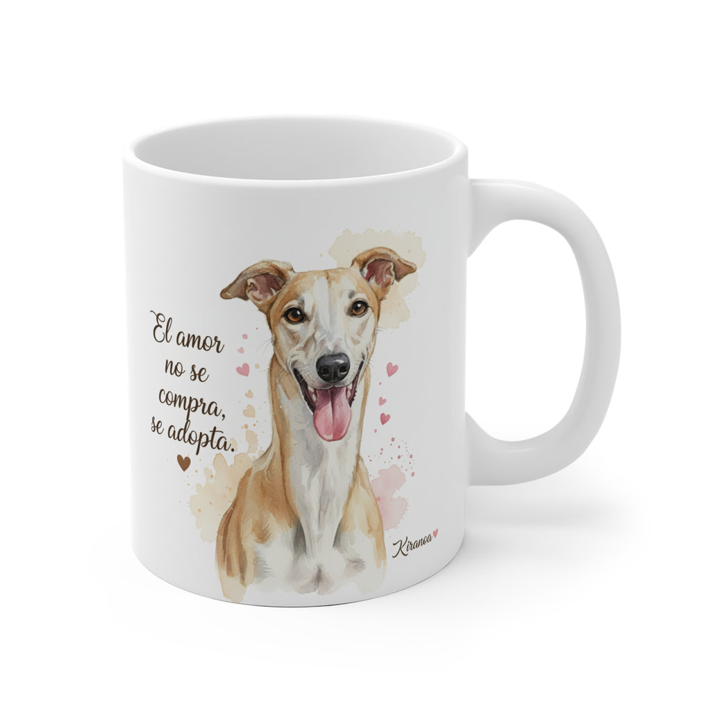 Taza cerámica Galgo con frase El amor no se compra se adopta – vista frontal