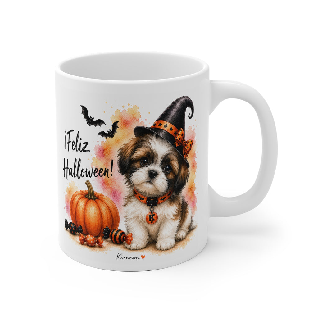 Taza cerámica Shih Tzu Halloween con ilustración terrorífica vista frontal Kiranoa