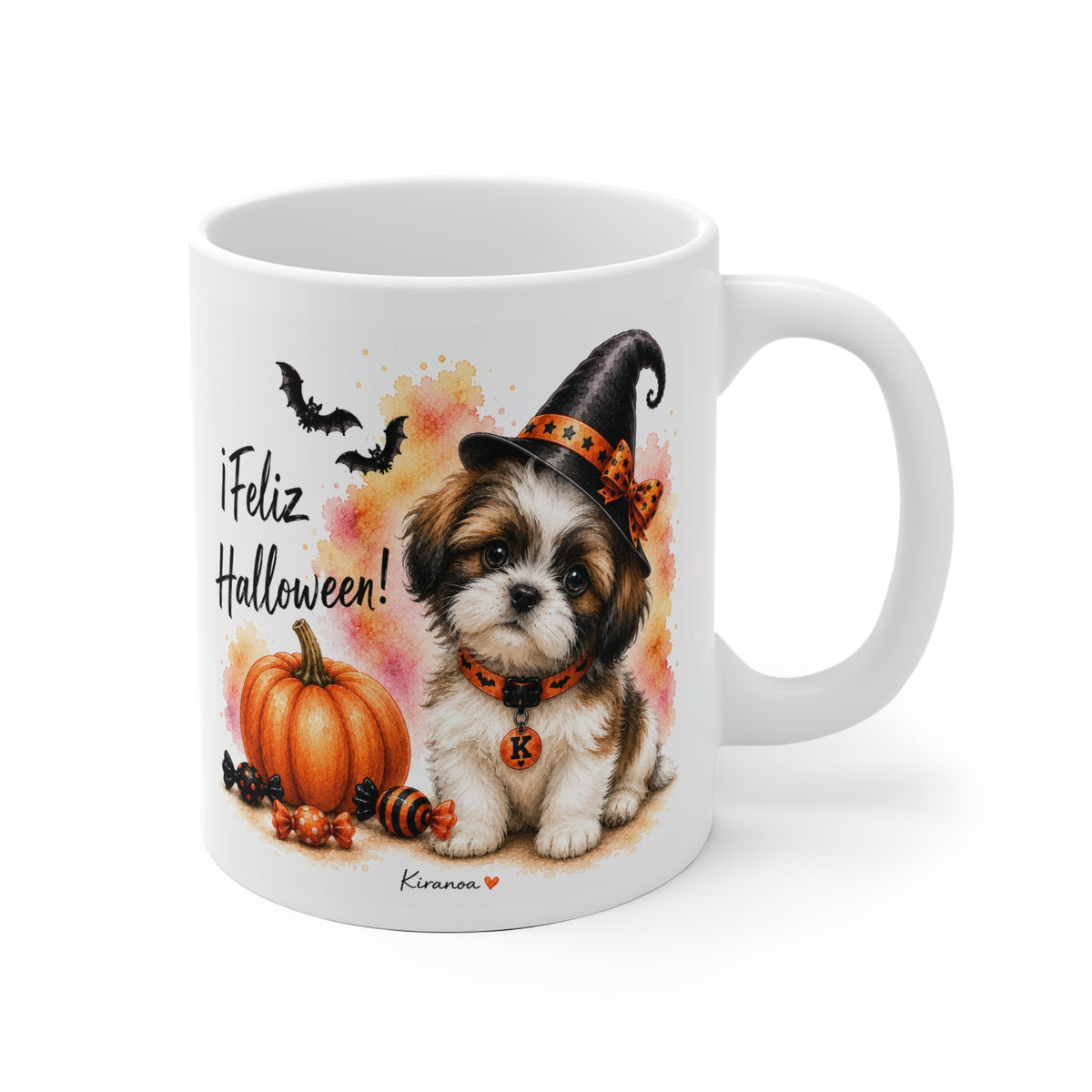 Taza cerámica Shih Tzu Halloween con ilustración terrorífica vista frontal Kiranoa