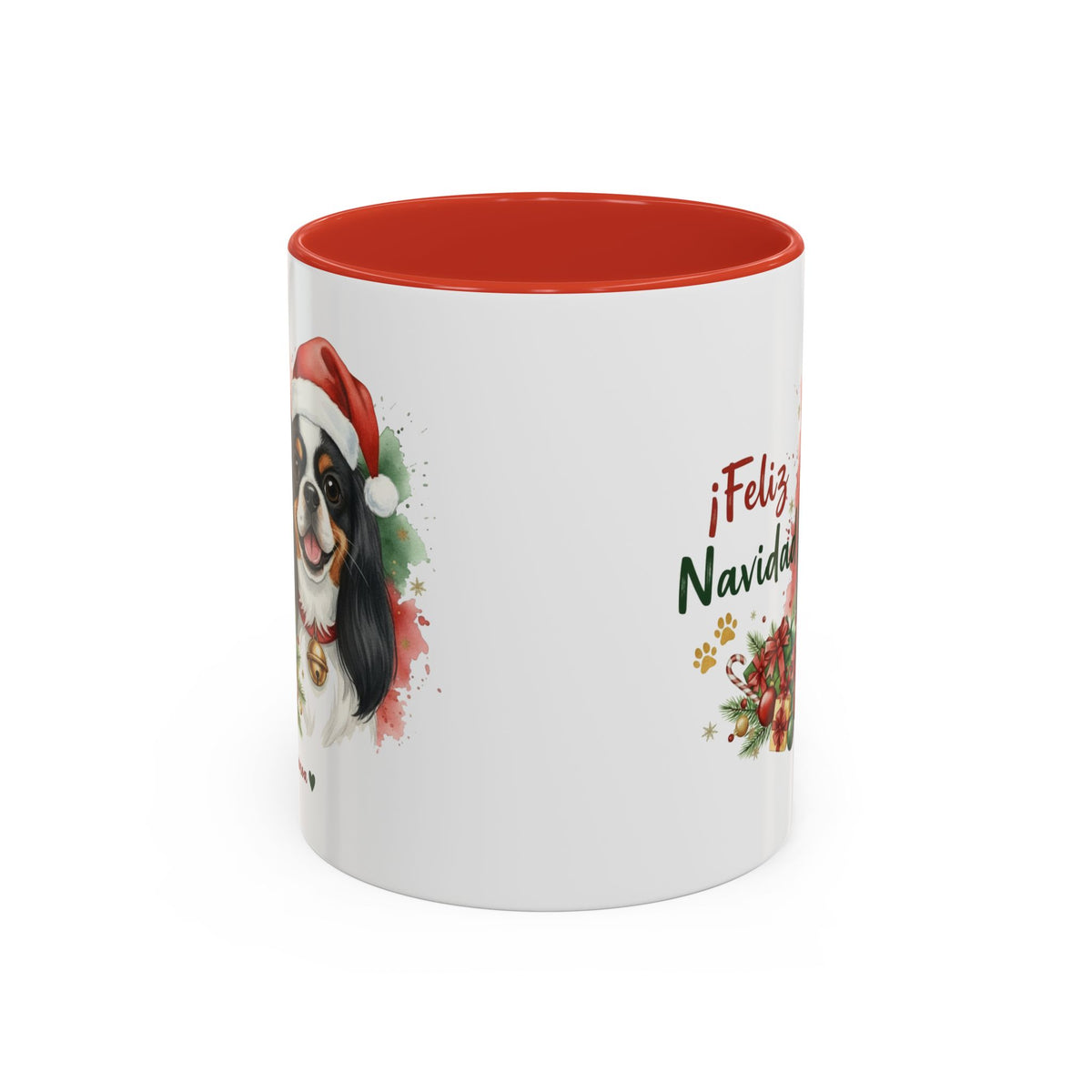 Taza Navideña Cavalier King Charles Tricolor con diseño navideño impreso vista lateral Kiranoa