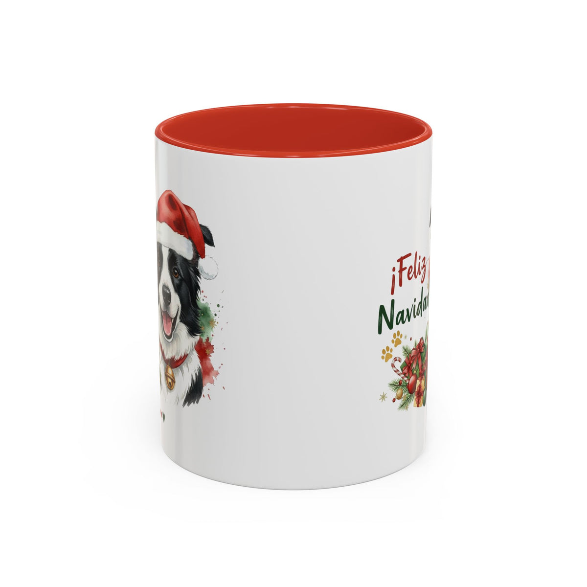 Taza Navideña Border Collie con diseño navideño impreso vista lateral Kiranoa