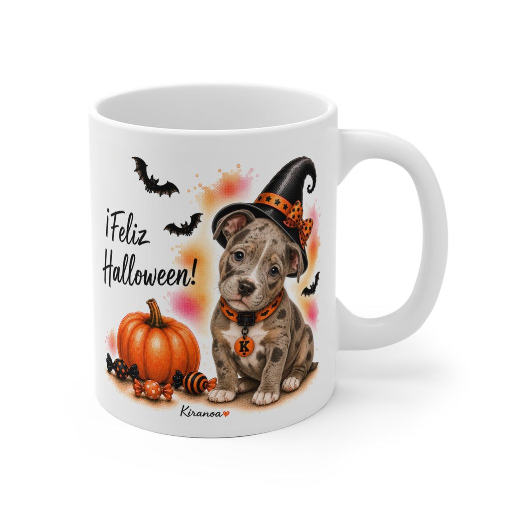Taza cerámica Pit Bull Terrier Merle Halloween con ilustración terrorífica vista frontal Kiranoa