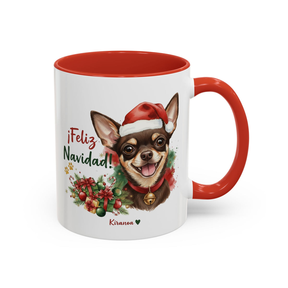 Taza Navideña Chihuahua chocolate con frase ¡Feliz Navidad! vista frontal Kiranoa