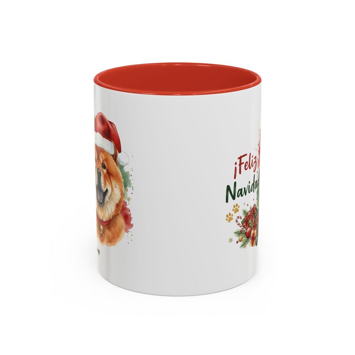 Taza Navideña Chow Chow con diseño navideño impreso vista lateral Kiranoa