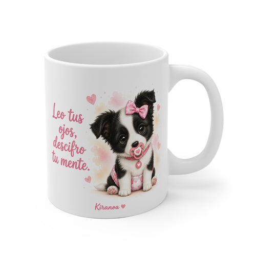 Taza cerámica Border Collie Pink con frase Leo tus ojos descifro tu mente – vista frontal