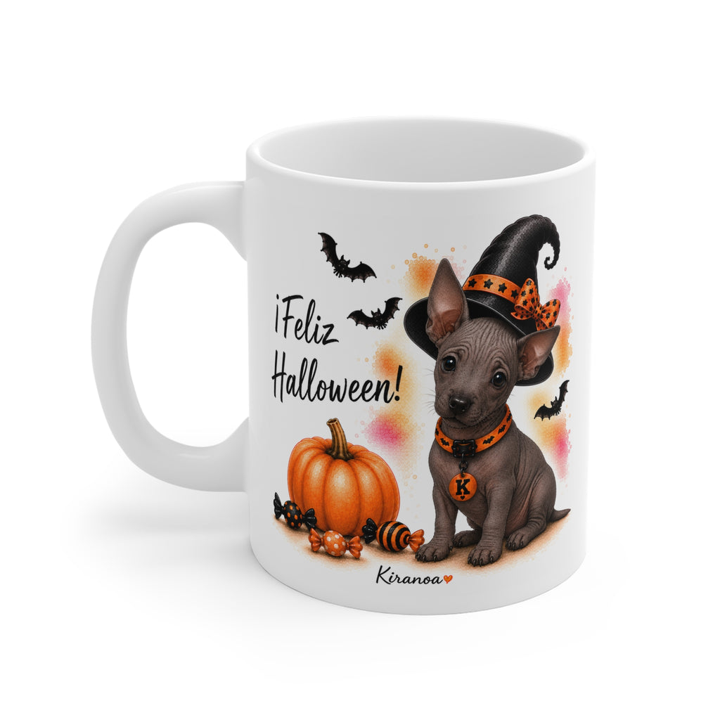 Taza cerámica Xoloitzcuintle Halloween con diseño impreso en ambas caras vista trasera Kiranoa