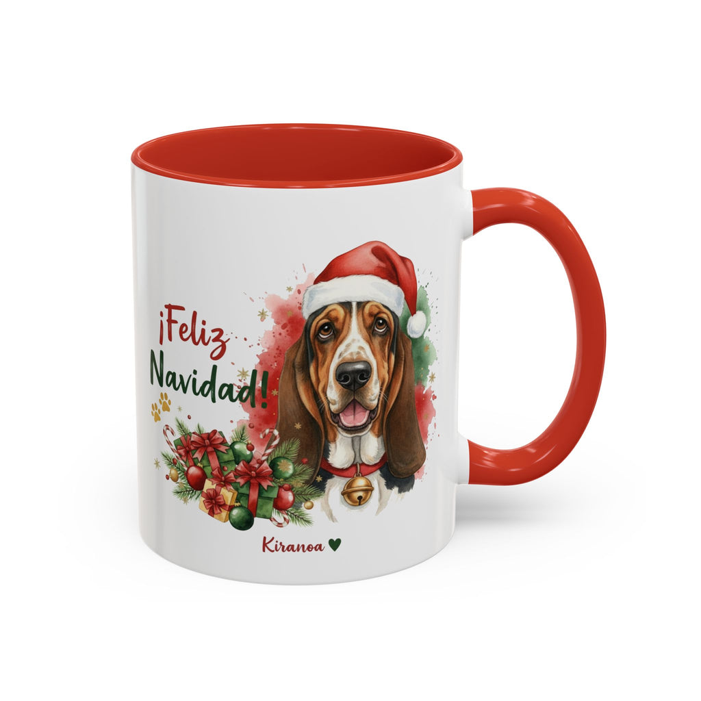 Taza Navideña Basset Hound con frase ¡Feliz Navidad! vista frontal Kiranoa