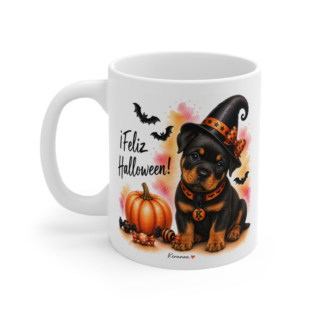 Taza cerámica Rottweiler Halloween con diseño impreso en ambas caras vista trasera Kiranoa