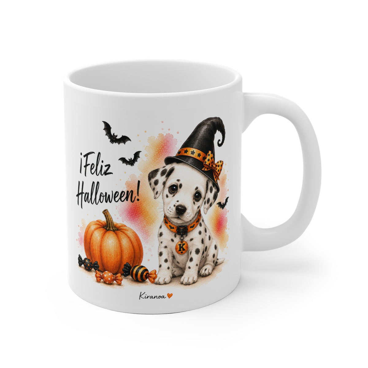 Taza cerámica Dálmata Halloween con ilustración terrorífica vista frontal Kiranoa