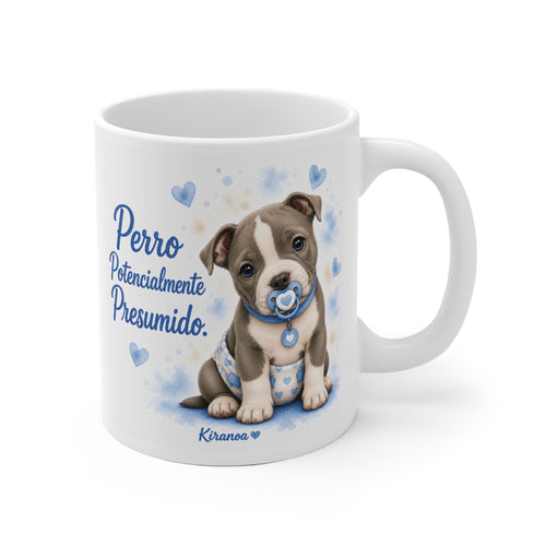 Taza cerámica American Bully Blue con frase Perro Potencialmente Presumido – vista frontal