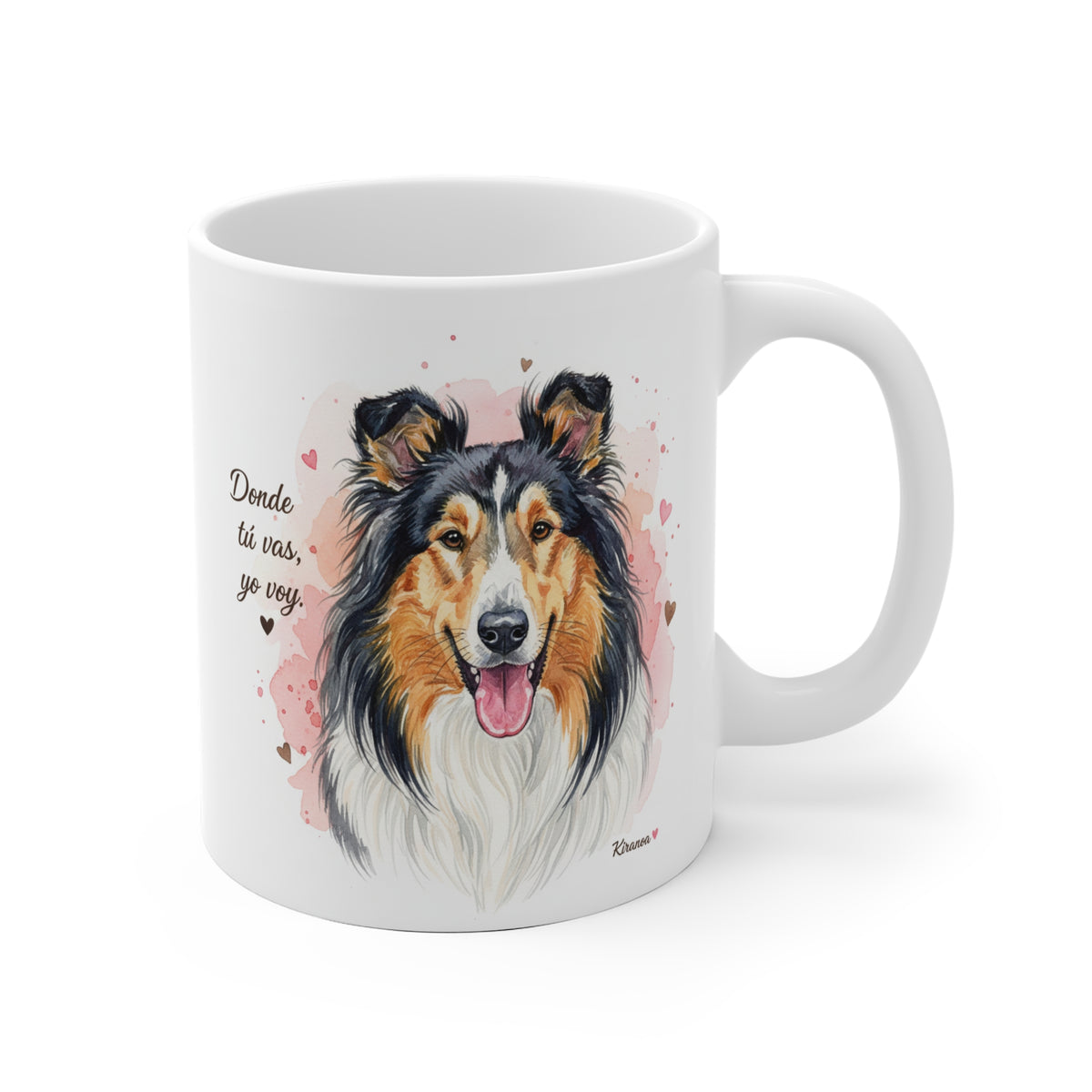 Taza cerámica Collie con frase Donde tú vas, yo voy. – vista frontal