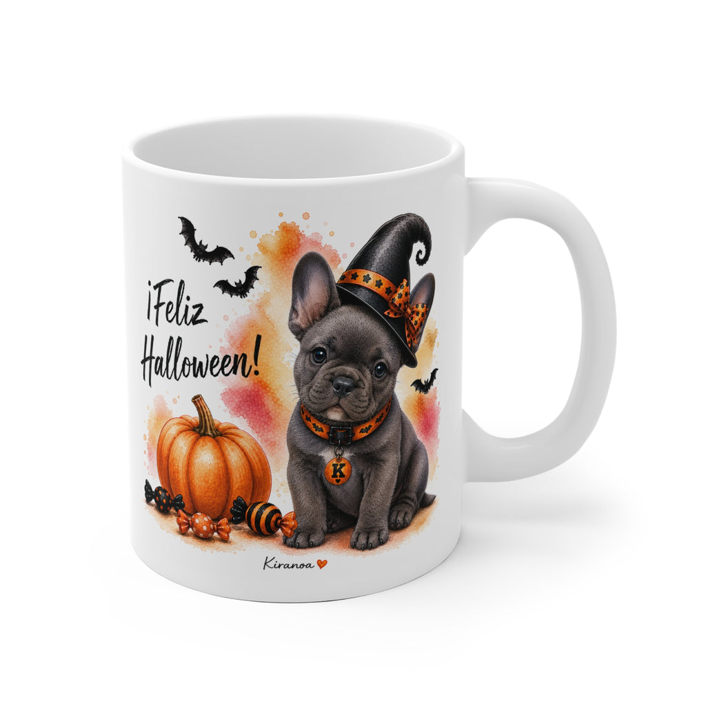 Taza cerámica Bulldog Francés Blue Halloween con ilustración terrorífica vista frontal Kiranoa
