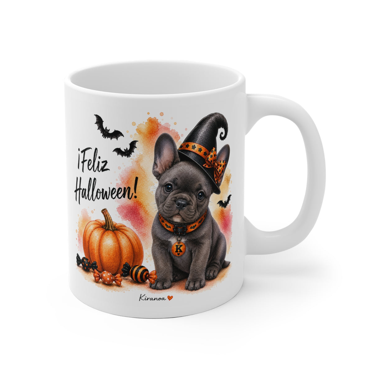 Taza cerámica Bulldog Francés Blue Halloween con ilustración terrorífica vista frontal Kiranoa