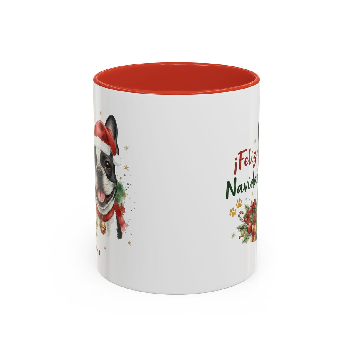 Taza Navideña Bulldog Francés con diseño navideño impreso vista lateral Kiranoa
