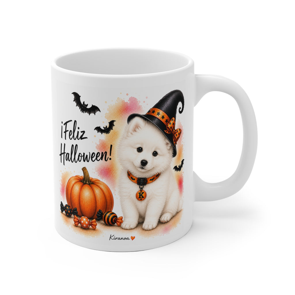 Taza cerámica Samoyedo Halloween con ilustración terrorífica vista frontal Kiranoa