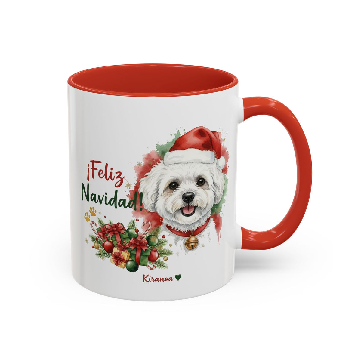 Taza Navideña Bichón Frisé con frase ¡Feliz Navidad! vista frontal Kiranoa