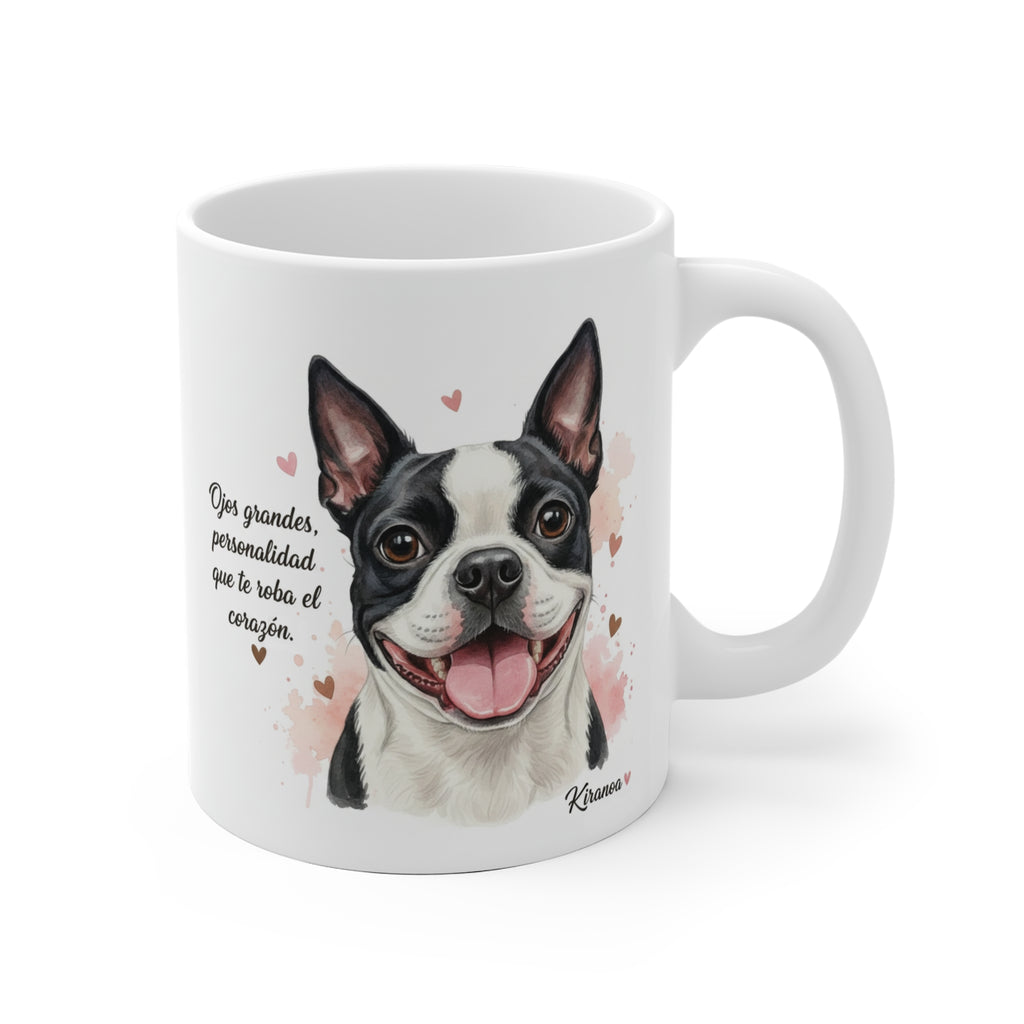 Taza cerámica Boston Terrier con frase Ojos grandes, personalidad que te roba el corazón. – vista frontal