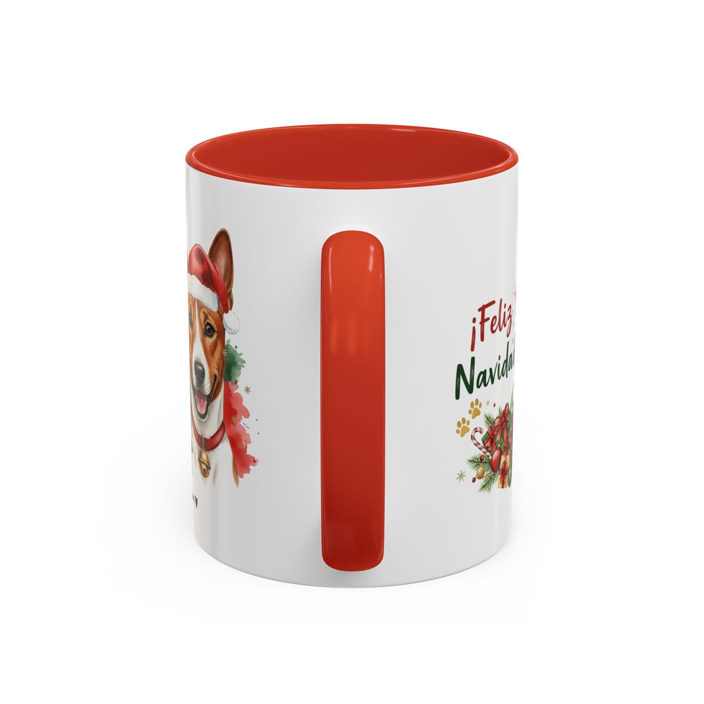 Taza Navideña Basenji de 325 ml con interior y asa en rojo navideño vista lateral Kiranoa