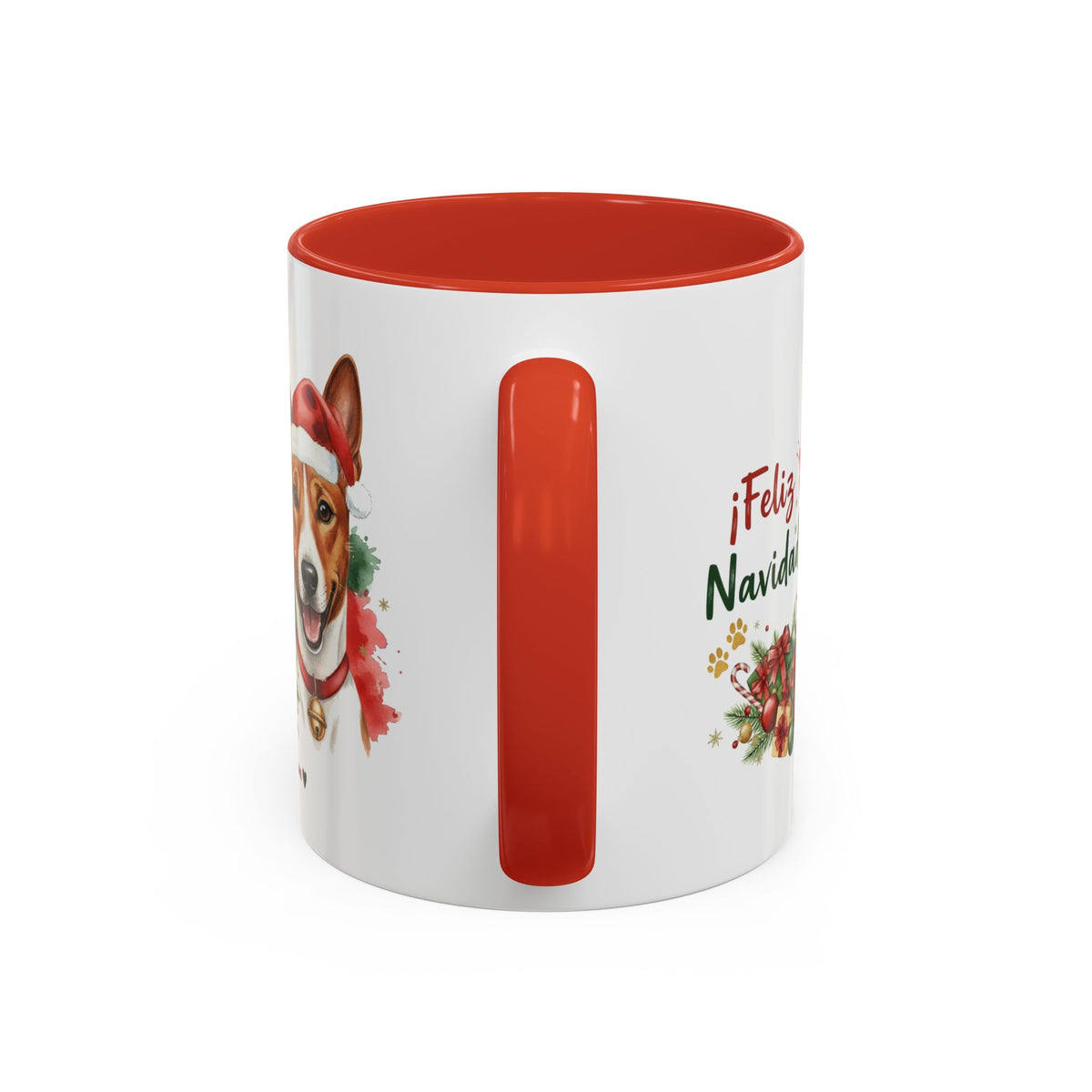 Taza Navideña Basenji de 325 ml con interior y asa en rojo navideño vista lateral Kiranoa