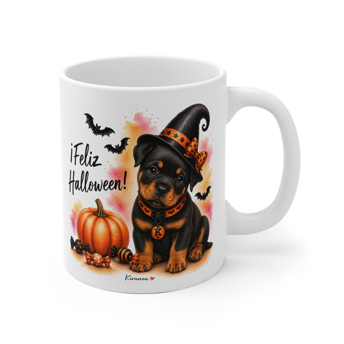 Taza cerámica Rottweiler Halloween con ilustración terrorífica vista frontal Kiranoa