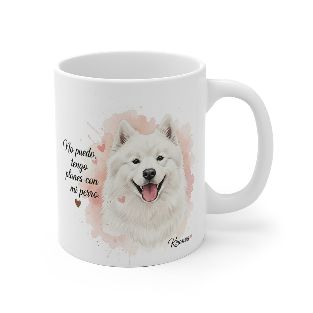 Taza cerámica Samoyedo con frase No puedo, tengo planes con mi perro. – vista frontal