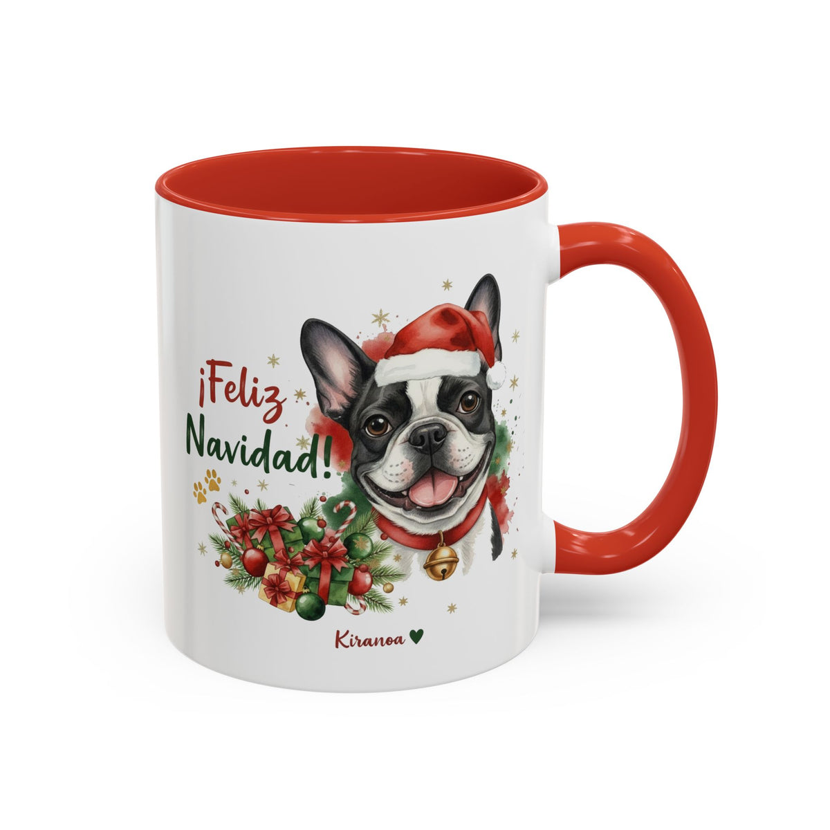 Taza Navideña Bulldog Francés con frase ¡Feliz Navidad! vista frontal Kiranoa