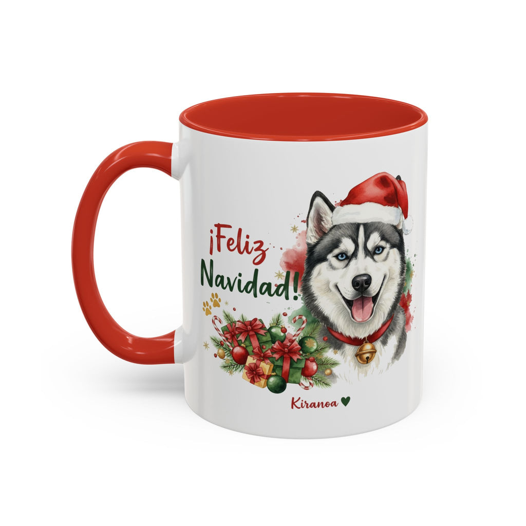 Taza Navideña Husky Siberiano con interior y asa roja vista trasera Kiranoa