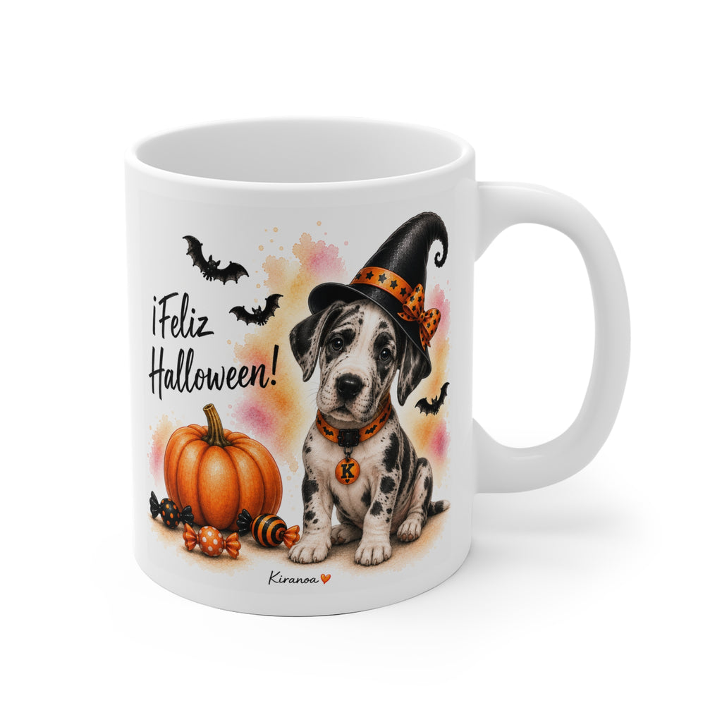 Taza cerámica Gran Danés Halloween con ilustración terrorífica vista frontal Kiranoa