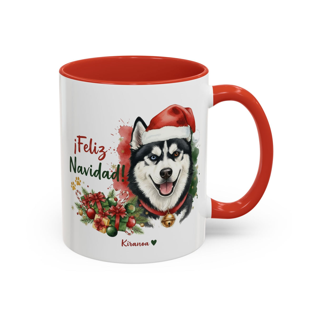 Taza Navideña Husky Siberiano Bicolor con frase ¡Feliz Navidad! vista frontal Kiranoa